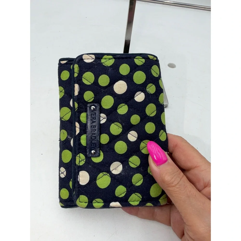 Vera Bradley Trifold Wallet Navy Blue Green Polka Dot Quilted Cotton ID Window